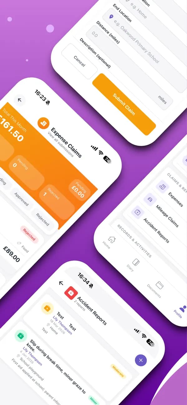 Expense claims, mileage and accident reports screens